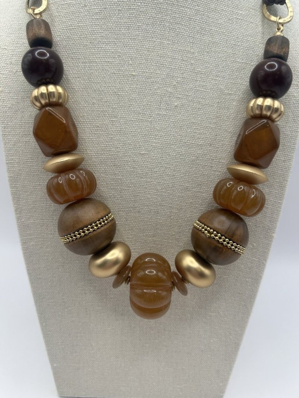 Vintage Boho Statement Necklace Wood Bead Gold Tone Brown Chunky Bib Braid Earth - Picture 3 of 13